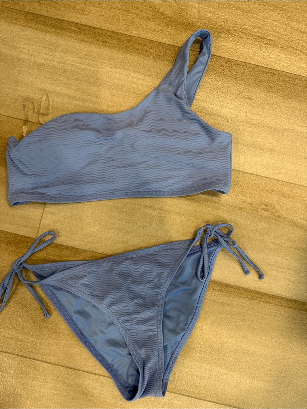 surf style One-Shoulder Ribbed Bikini Set in Light Blue